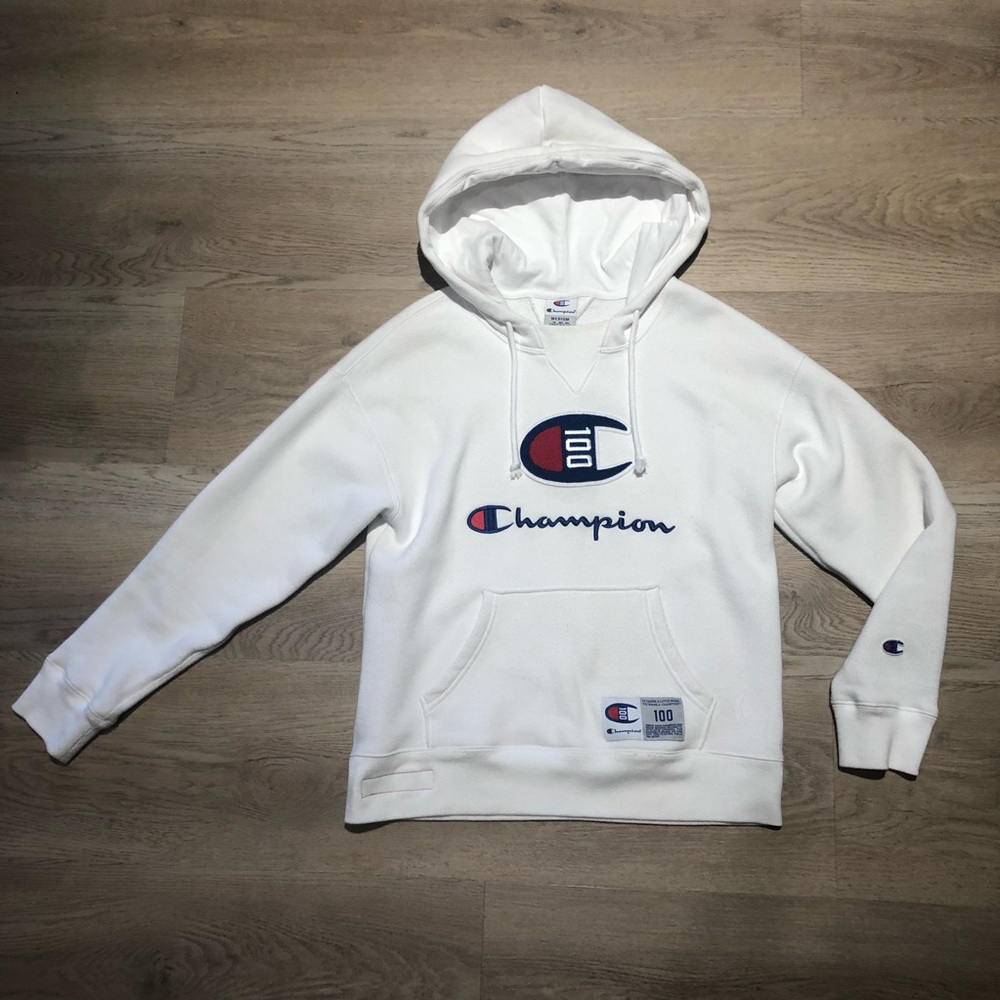White champion hoodie with huge logo